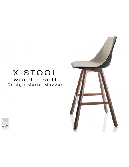 X-STOOL Wood Soft 69 - piétement bois noyer assise coque noir capitonnée TE16 - lot de 2 tabourets