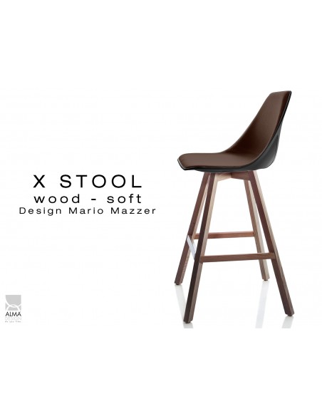 X-STOOL Wood Soft 69 - piétement bois noyer assise coque noir capitonnée TE17 - lot de 2 tabourets