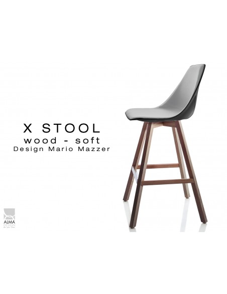 X-STOOL Wood Soft 69 - piétement bois noyer assise coque noir capitonnée TE30 - lot de 2 tabourets