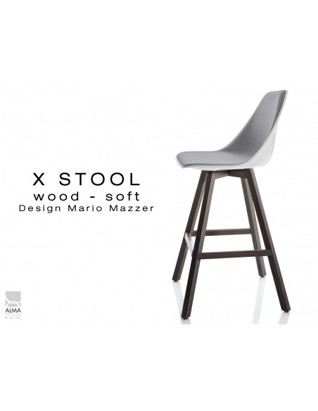 X-STOOL Wood Soft 69 - piétement bois gris fer assise coque blanche capitonnée TE31 - lot de 2 tabourets