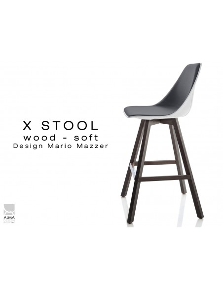 X-STOOL Wood Soft 69 - piétement bois gris fer assise coque blanche capitonnée TE32 - lot de 2 tabourets