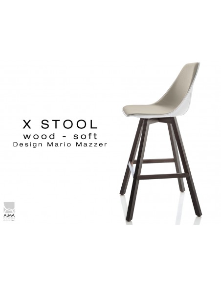 X-STOOL Wood Soft 69 - piétement bois gris fer assise coque blanche capitonnée TE16 - lot de 2 tabourets