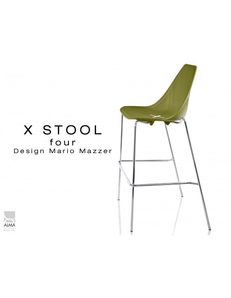 X-STOOL Four 75 - piétement chromé assise coque vert militaire - lot de 2 tabourets