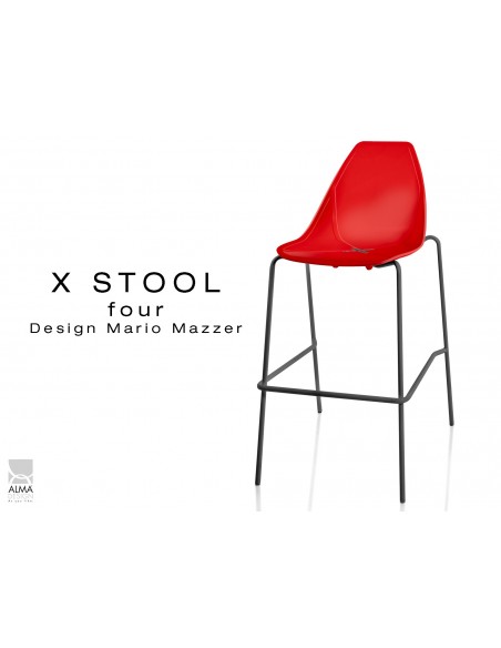 X-STOOL Four 75 - piétement noir assise coque rouge - lot de 2 tabourets