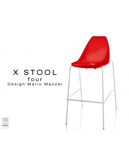 X-STOOL Four 75 - piétement blanc assise coque rouge - lot de 2 tabourets