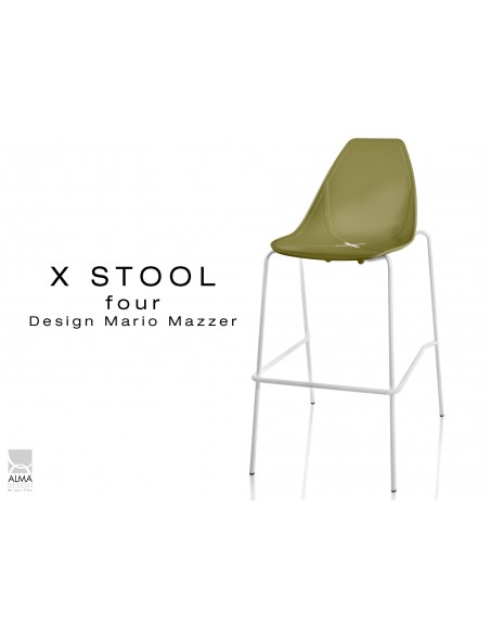 X-STOOL Four 75 - piétement blanc assise coque vert militaire - lot de 2 tabourets