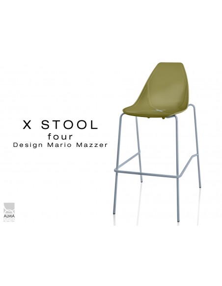 X-STOOL Four 75 - piétement gris aluminium assise coque vert militaire - lot de 2 tabourets