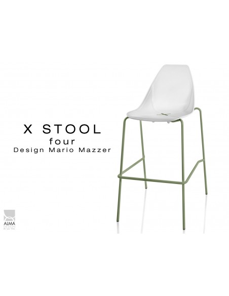 X-STOOL Four 75 - piétement vert militaire assise coque blanche - lot de 2 tabourets