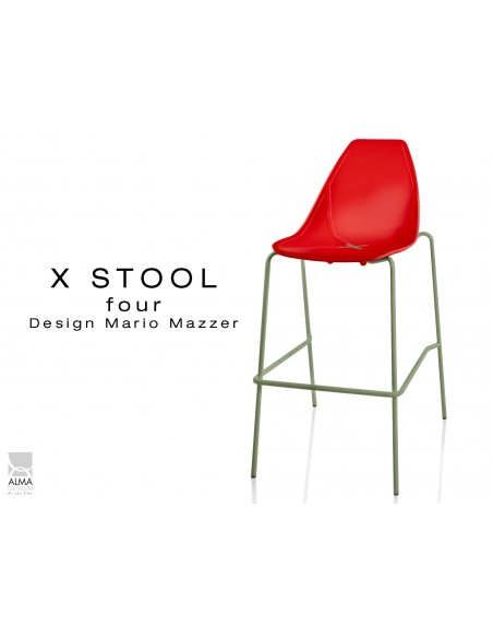 X-STOOL Four 75 - piétement vert militaire assise coque rouge - lot de 2 tabourets