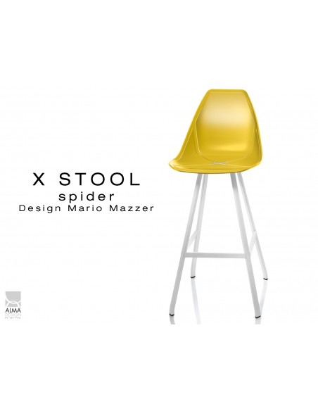 X STOOL Spider 75 - piétement acier blanc assise coque jaune - lot de 2 tabourets