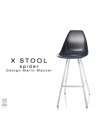 X STOOL Spider 75 - piétement acier blanc assise coque noir - lot de 2 tabourets