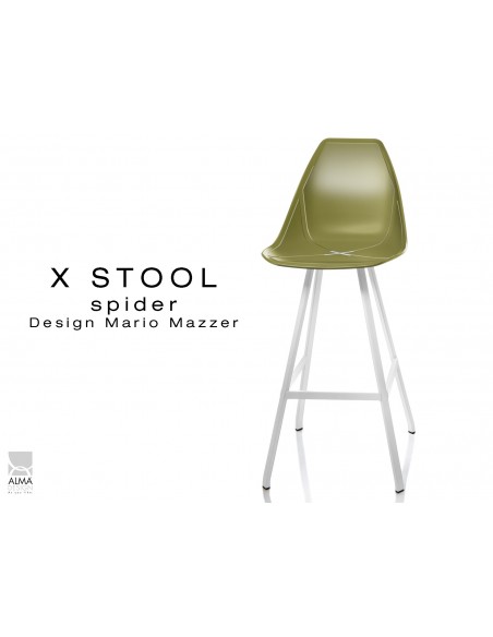 X STOOL Spider 75 - piétement acier blanc assise coque vert militaire - lot de 2 tabourets