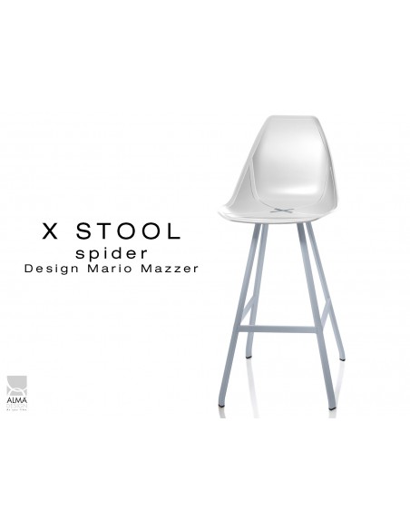 X STOOL Spider 75 - piétement acier gris aluminium assise coque blanche - lot de 2 tabourets