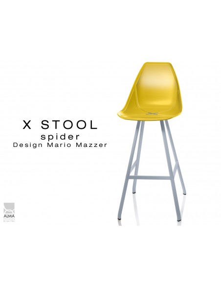X STOOL Spider 75 - piétement acier gris aluminium assise coque jaune - lot de 2 tabourets