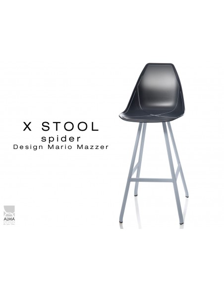 X STOOL Spider 75 - piétement acier gris aluminium assise coque noir - lot de 2 tabourets