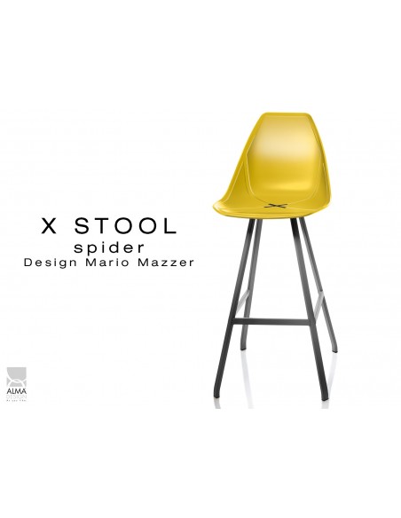 X STOOL Spider 75 - piétement acier noir assise coque jaune - lot de 2 tabourets
