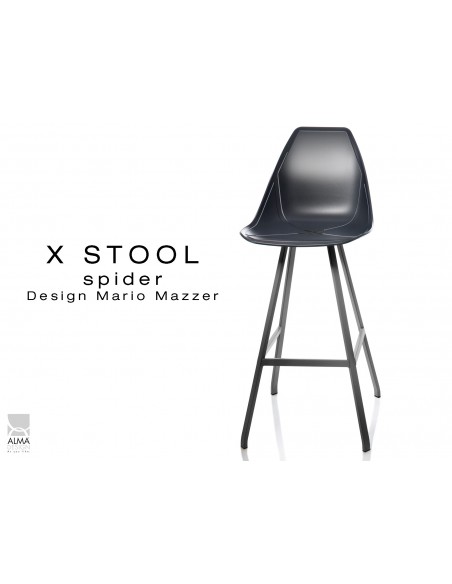 X STOOL Spider 75 - piétement acier noir assise coque noir - lot de 2 tabourets