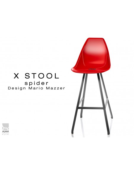 X STOOL Spider 75 - piétement acier noir assise coque rouge - lot de 2 tabourets