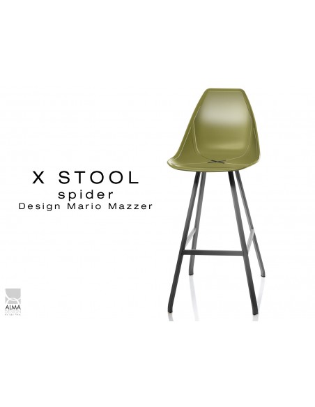 X STOOL Spider 75 - piétement acier noir assise coque vert militaire - lot de 2 tabourets
