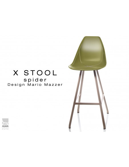 X STOOL Spider 75 - piétement acier sable foncé assise coque vert militaire - lot de 2 tabourets