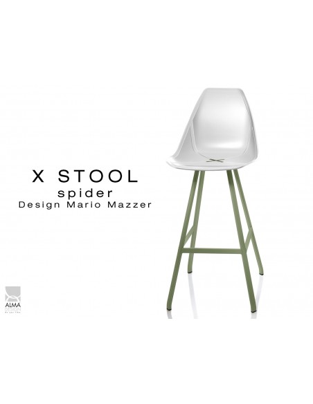 X STOOL Spider 75 - piétement acier vert militaire foncé assise coque blanche - lot de 2 tabourets