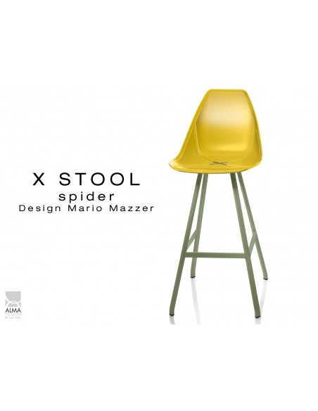 X STOOL Spider 75 - piétement acier vert militaire foncé assise coque jaune - lot de 2 tabourets