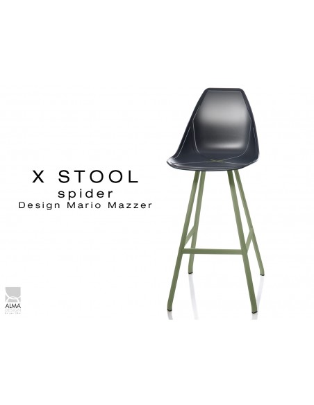 X STOOL Spider 75 - piétement acier vert militaire foncé assise coque noir - lot de 2 tabourets