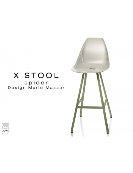 X STOOL Spider 75 - piétement acier vert militaire foncé assise coque sable clair - lot de 2 tabourets
