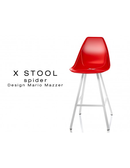 X STOOL Spider 69 - piétement acier blanc assise coque rouge - lot de 2 tabourets