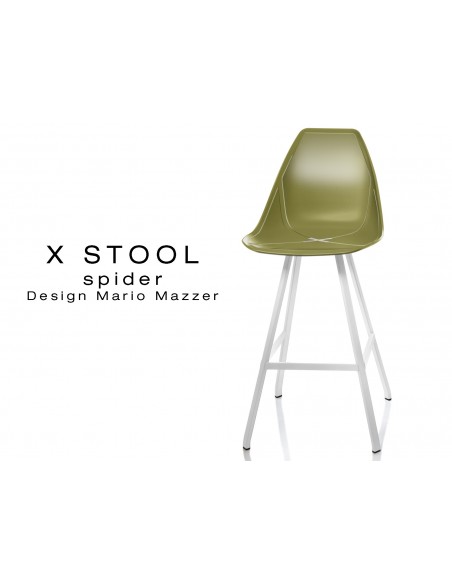 X STOOL Spider 69 - piétement acier blanc assise coque vert militaire - lot de 2 tabourets