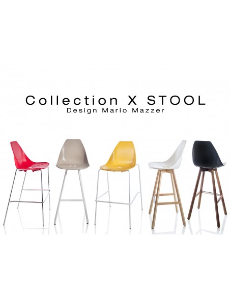 Collection X-STOOL, piétement possible, hauteur d'assise 75 et 69 cm.