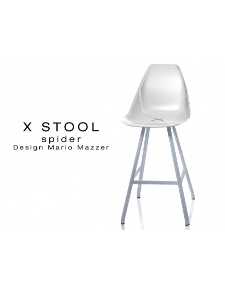 X STOOL Spider 69 - piétement acier gris aluminium assise coque blanche - lot de 2 tabourets