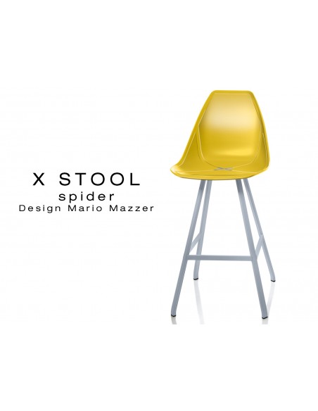 X STOOL Spider 69 - piétement acier gris aluminium assise coque jaune - lot de 2 tabourets