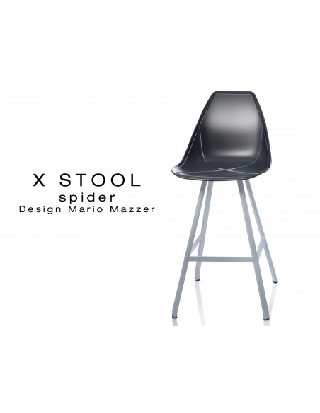 X STOOL Spider 69 - piétement acier gris aluminium assise coque noir - lot de 2 tabourets