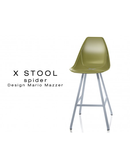 X STOOL Spider 69 - piétement acier gris aluminium assise coque vert militaire - lot de 2 tabourets