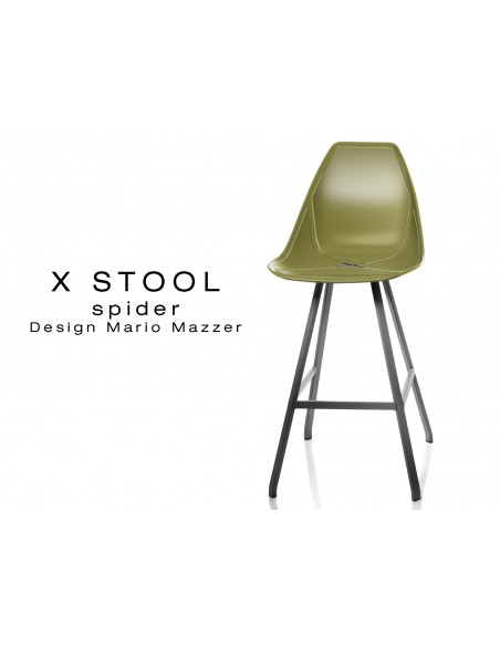 X STOOL Spider 69 - piétement acier noir assise coque vert militaire - lot de 2 tabourets