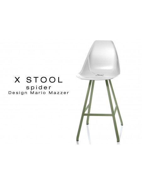 X STOOL Spider 69 - piétement acier vert militaire assise coque blanche - lot de 2 tabourets