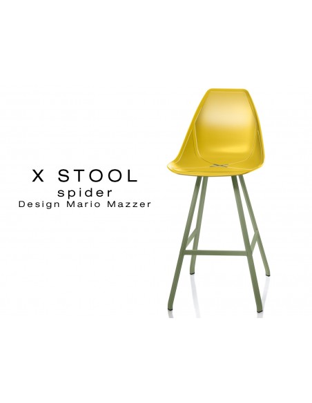 X STOOL Spider 69 - piétement acier vert militaire assise coque jaune - lot de 2 tabourets