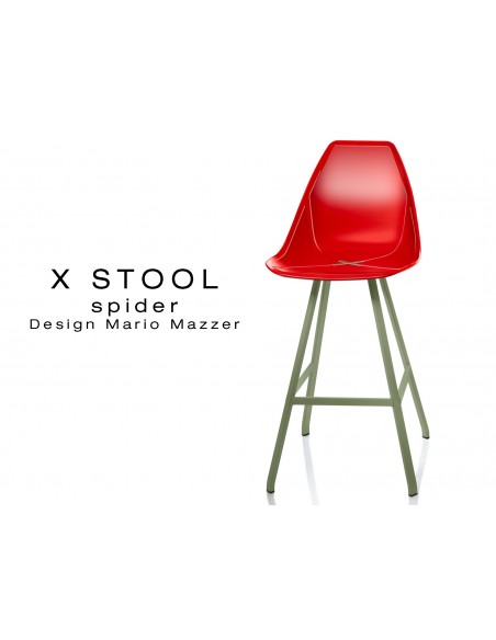X STOOL Spider 69 - piétement acier vert militaire assise coque rouge - lot de 2 tabourets