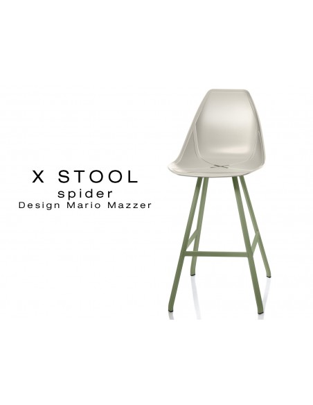 X STOOL Spider 69 - piétement acier vert militaire assise coque sable clair - lot de 2 tabourets