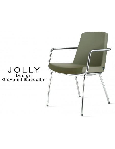 Fauteuil JOLLY-4 piétement acier chromé et habillage éco-cuir 645 vert militaire.