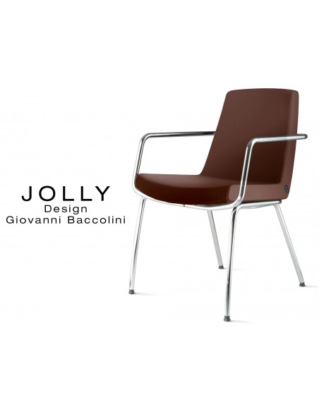 Fauteuil JOLLY-4 piétement acier chromé et habillage éco-cuir 647 marron.