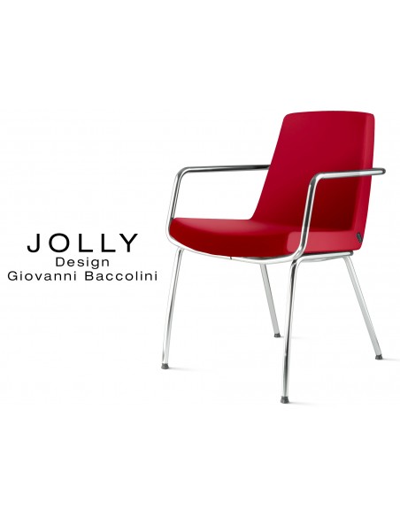 Fauteuil JOLLY-4 piétement acier chromé et habillage éco-cuir 665 rouge.