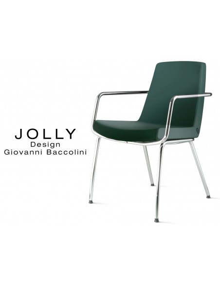 Fauteuil JOLLY-4 piétement acier chromé et habillage éco-cuir 666 vert sapin.