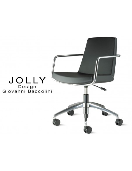 Fauteuil JOLLY roulette base aluminium et habillage éco-cuir 663 noir.