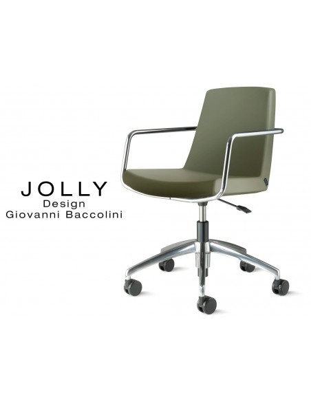 Fauteuil JOLLY roulette base aluminium et habillage éco-cuir 645 vert militaire.