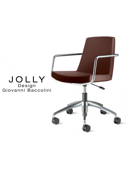 Fauteuil JOLLY roulette base aluminium et habillage éco-cuir 647 marron.