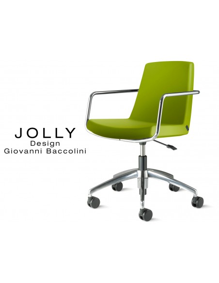 Fauteuil JOLLY roulette base aluminium et habillage éco-cuir 650 vert pomme.