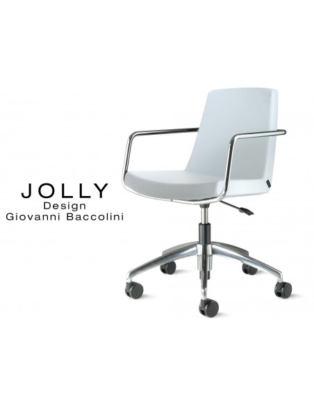 Fauteuil JOLLY roulette base aluminium et habillage éco-cuir 662 blanc.