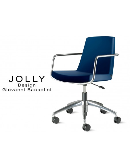 Fauteuil JOLLY roulette base aluminium et habillage éco-cuir 664 bleu nuit.